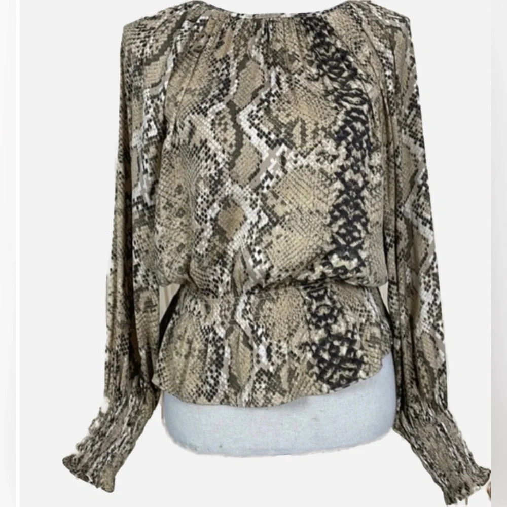 H&M Blouse Womens 4 Brown Snakeskin Print Smocked Waist Long Sleeve Peplumโ Top